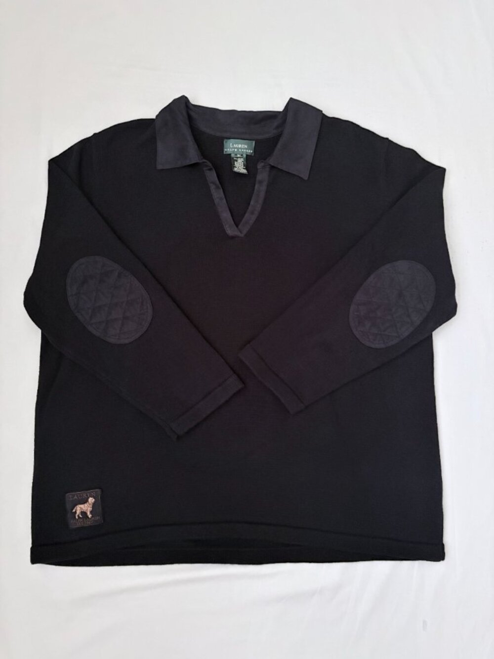 Vintage Lauren Ralph Lauren Black V-Neck Cotton Pullover Sweater Quilted Elbow